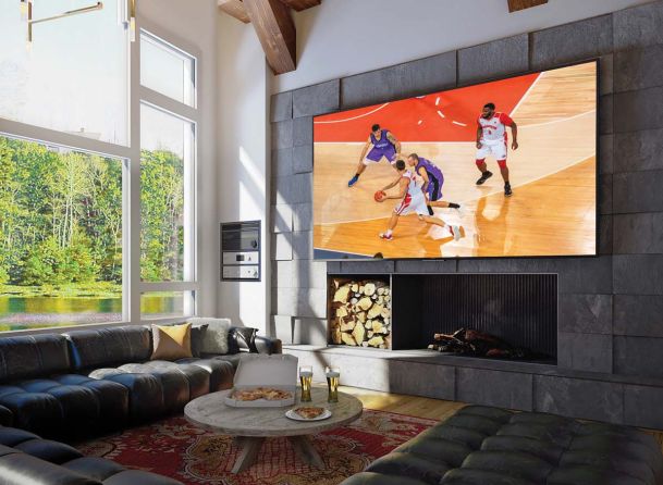 Large sony tv with basketball playing