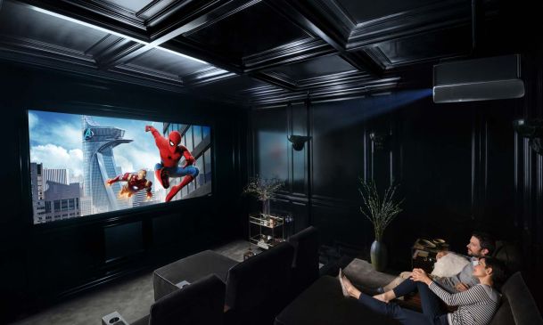 dark sony home theater with spider man playing