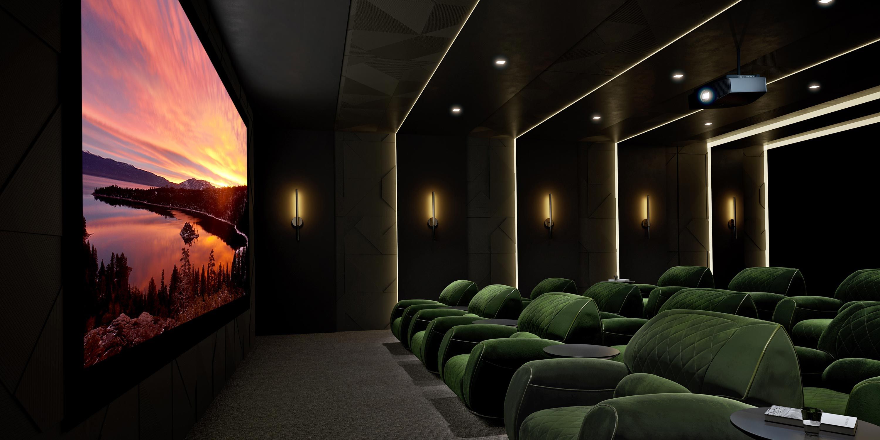 home theater with sony projection technology and green seating