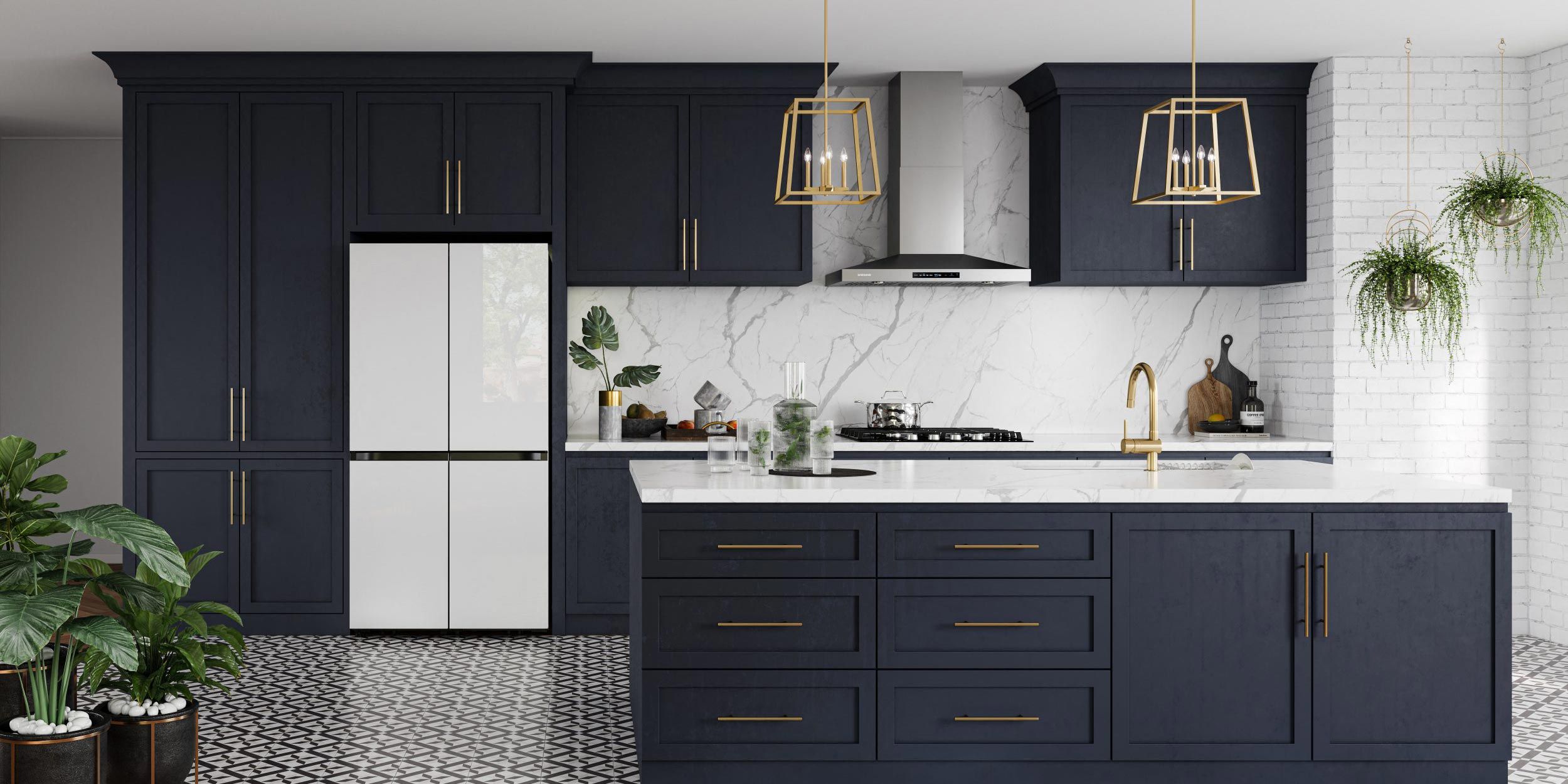 kitchen with blue cabinets and gold hardware