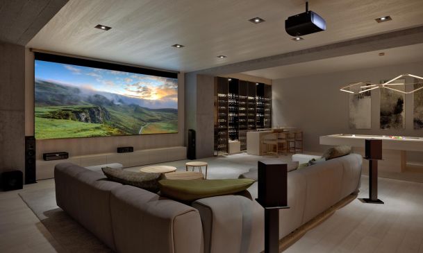 bar and game room with Sony technology in a light wooden room