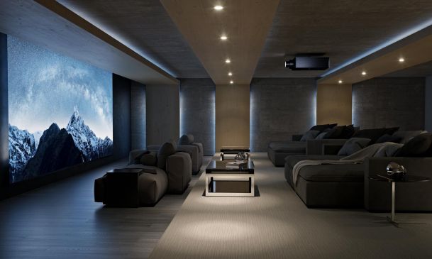 blue home theater with sony projector and screens