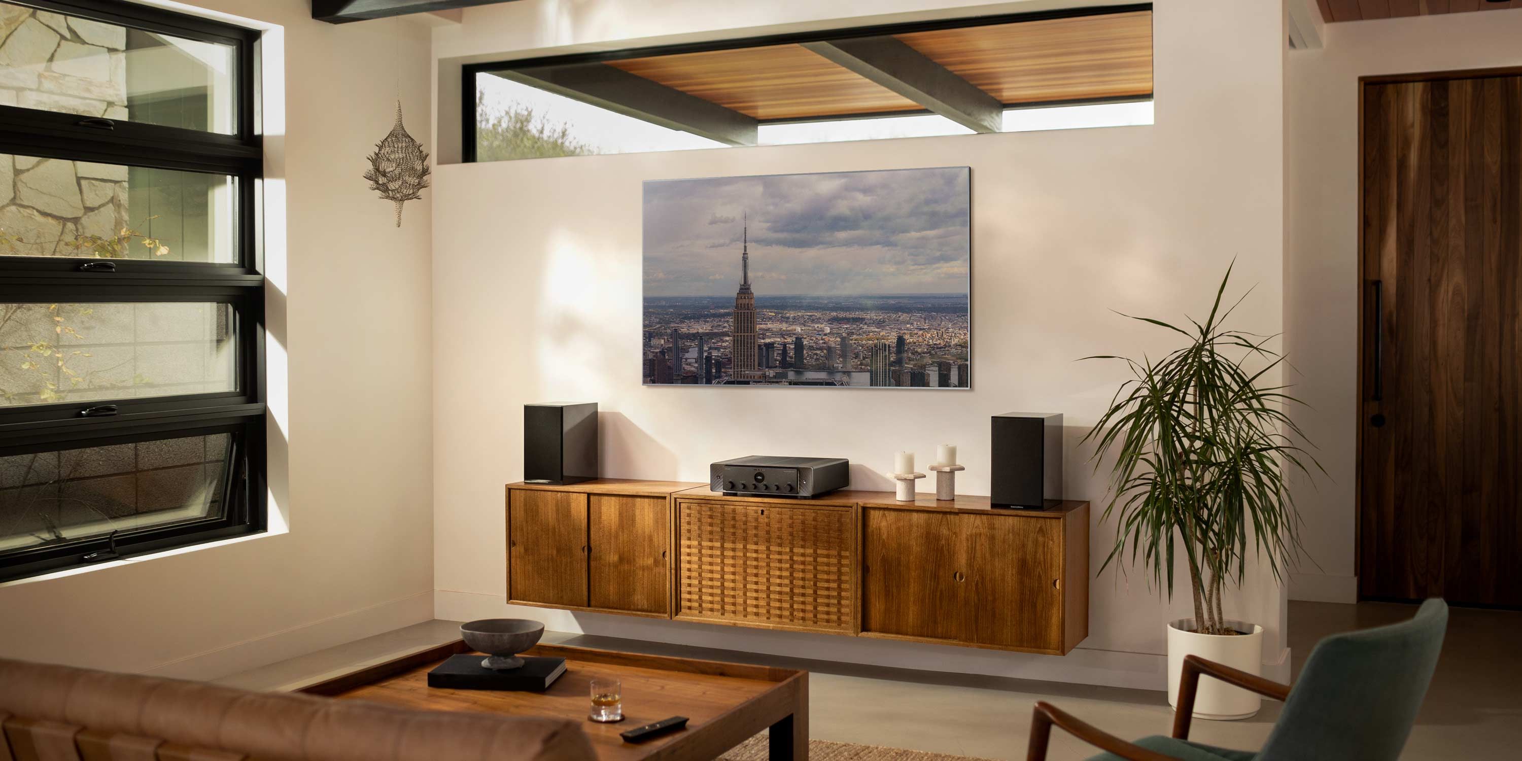 warm toned room with wooden furniture and marantz audiovisual equipment